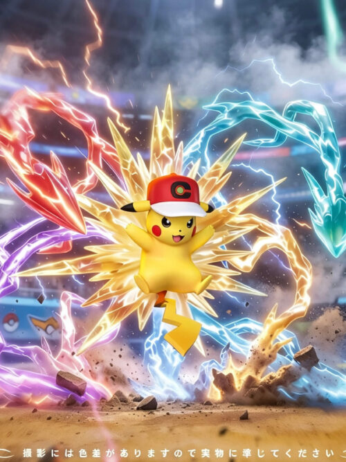 61 Studio 1/20 Pikachu Ten Million Volts figure wearing a red and white cap jumping in front of a spiky yellow burst with red, purple, yellow, blue, and teal lightning effect parts.