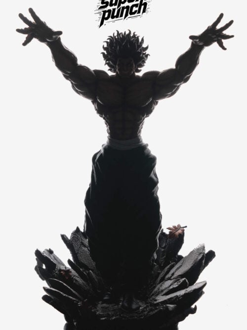 Backlit silhouette front view of the SuperPunch Studio Yujiro Hanma statue with both arms raised wide on a jagged rock base.