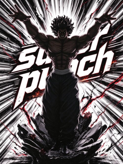Promotional poster view of the SuperPunch Studio Yujiro Hanma statue in dramatic shadow with black-and-red speed lines and lightning graphics behind the figure.