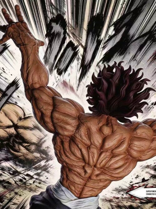 Rear upper-body view of the SuperPunch Studio Yujiro Hanma statue highlighting the sculpted back musculature and raised arms against a manga speed-line backdrop.