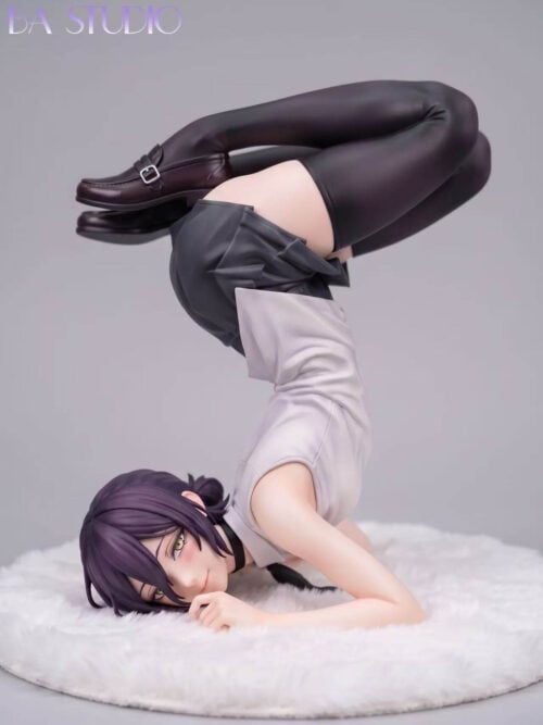 Full side view of BA Studio 1/6 scale Reze statue from Chainsaw Man balancing in an inverted chest-stand pose on a round white plush mat