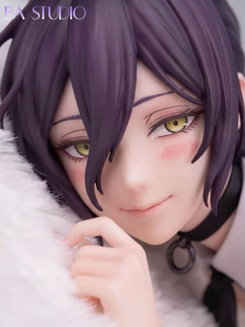Extreme close-up of BA Studio 1/6 scale Reze statue face with purple hair, yellow-green eyes, blush lines, and pull-ring choker