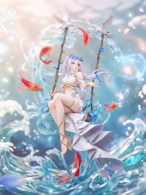 Wide promotional render of EVE Studio's 1/6-scale Frieren - Ocean Wave Elf Swing Ver. statue seated on a vine swing inside an arching wave with red-orange fish, white birds, and a blue butterfly, set against an ocean wave backdrop.