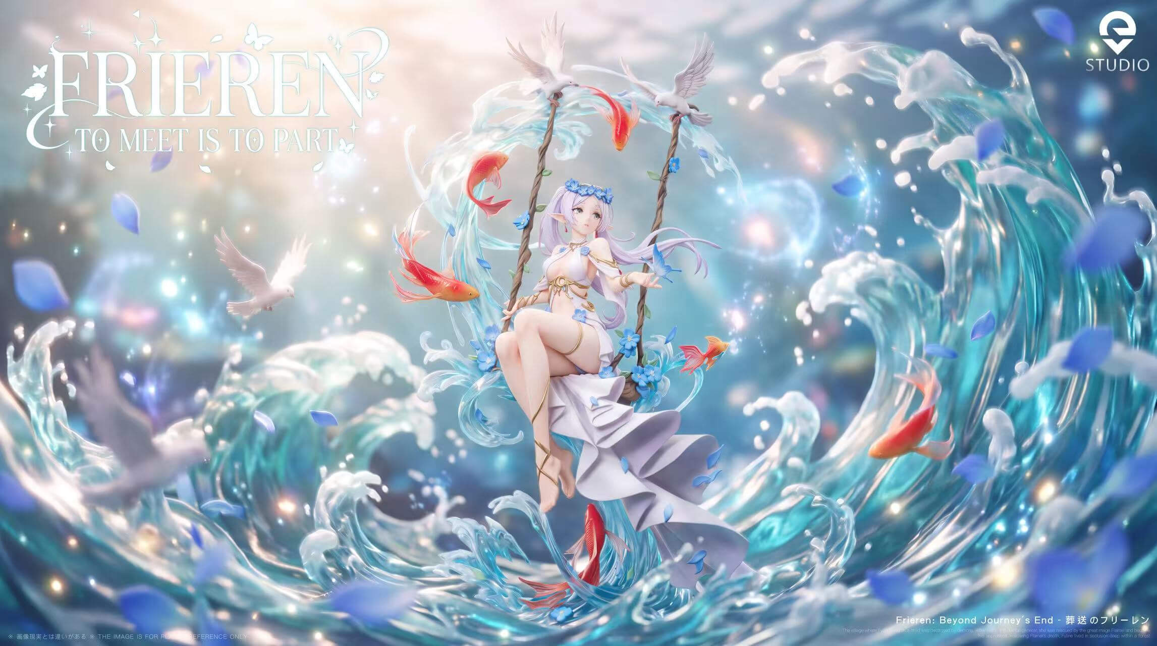 Frieren - Ocean Wave Elf Swing Ver. - Promotional Scene Render Wide promotional render of EVE Studio's 1/6-scale Frieren - Ocean Wave Elf Swing Ver. statue seated on a vine swing inside an arching wave with red-orange fish, white birds, and a blue butterfly, set against an ocean wave backdrop.
