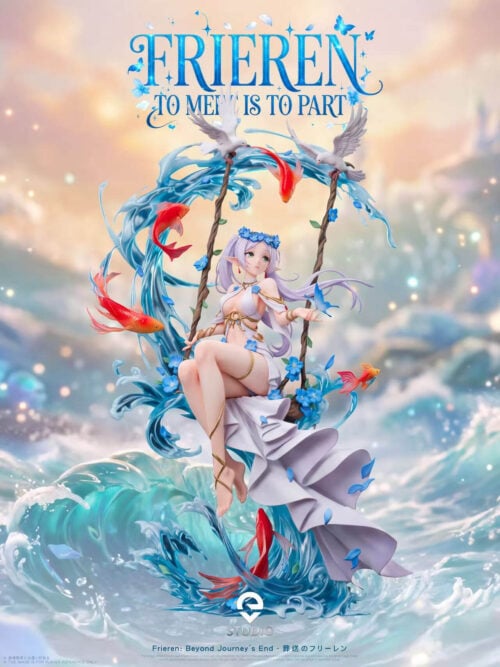 Vertical promotional render of EVE Studio's Frieren - Ocean Wave Elf Swing Ver. statue on a vine-wrapped swing suspended from an arching translucent wave with swimming red-orange fish and perched white birds against a sunset ocean backdrop.