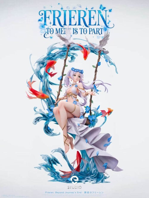 Full front render of EVE Studio's 1/6-scale Frieren - Ocean Wave Elf Swing Ver. statue on a light background, showing Frieren in a white and gold-trimmed dress on a vine swing suspended from a translucent wave base with fish and birds.