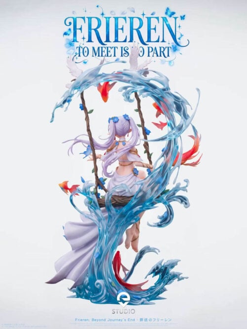 Full rear render of EVE Studio's Frieren - Ocean Wave Elf Swing Ver. statue showing the back of the arching translucent blue wave base, the wooden swing seat, Frieren's twin tails, and swimming red-orange fish.