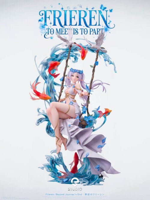 Front render of EVE Studio's 1/6-scale Frieren - Ocean Wave Elf Swing Ver. statue on a light background, showing Frieren looking forward from the vine-wrapped swing inside the arching wave base.
