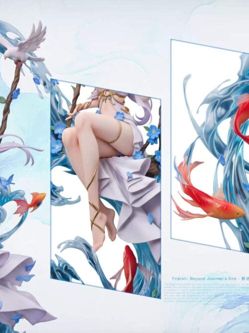 Composite image of EVE Studio's Frieren - Ocean Wave Elf Swing Ver. statue pairing a full front view with three inset close-ups of her crossed legs, a red-orange fish in the wave, and the back of her hair and swing.