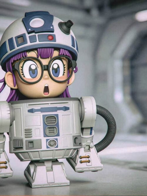 Promotional composite image of TOR Studio Arale Series Vol. 28 showing Arale in the white-and-blue astromech robot shell with dark ribbed hose arms against a sci-fi corridor backdrop.