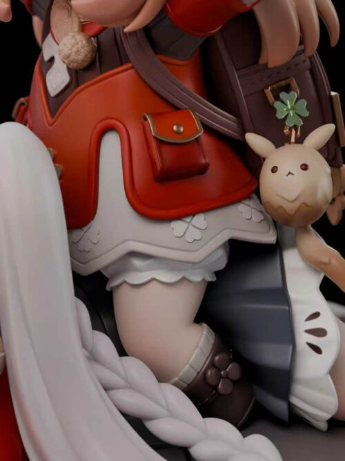 Close-up of Klee's red coat, white clover-trimmed skirt, and the Dodoco charm hanging from her backpack next to Sparxie's white braided hair.