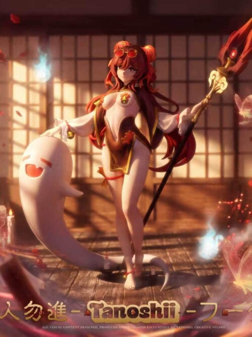 Promotional render of the Tanoshii Studio 1/6 scale Hu Tao Little Taoist Priest figure standing barefoot with a white ghost and red-and-gold staff.