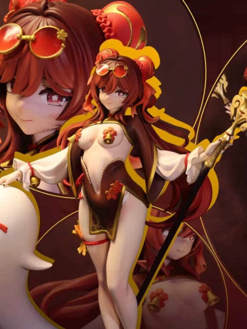 Multi-angle composite photo of the Tanoshii Studio Hu Tao figure showing front and rear views alongside close-ups of her face, red sunglasses, and outfit details.