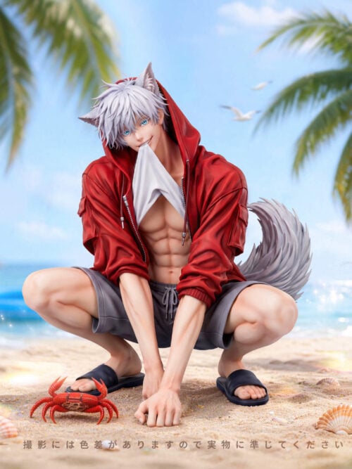 Zany Studio Cat Satoru Gojo 1/6 scale figure crouching in a red hoodie and gray shorts with white animal ears and tail, shown in a beach scene with a red crab and seashells.