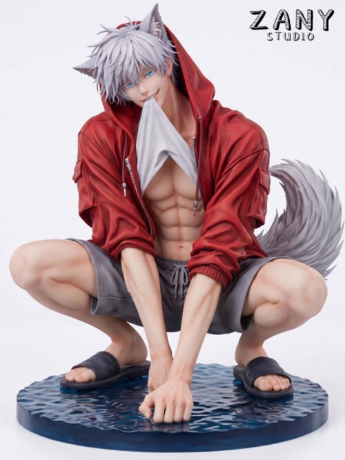 Front view of the Zany Studio Cat Satoru Gojo 1/6 scale figure crouching on a round blue rippled water base, wearing a red hoodie and gray shorts while biting the hem of his white shirt.