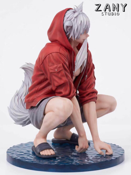 Right side angle view of the Zany Studio Cat Satoru Gojo figure crouching on the round blue water base, showing the red hoodie sleeve pocket, white tail, and black slides.