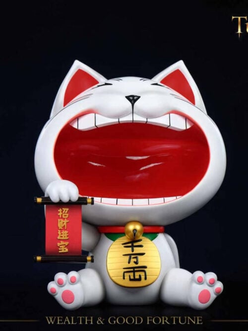Front view of Stone Custom Studio Turbo Granny maneki-neko entryway display piece with empty open mouth on a black background.