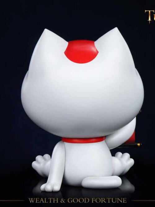 Back view of Stone Custom Studio Turbo Granny maneki-neko entryway display piece showing the red spot on the head, red collar, and tail on a black background.