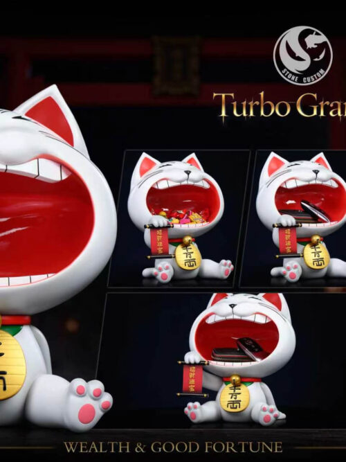 Collage of Stone Custom Studio Turbo Granny maneki-neko entryway display piece showing the empty open mouth alongside views holding candies, a wallet, and a car key.