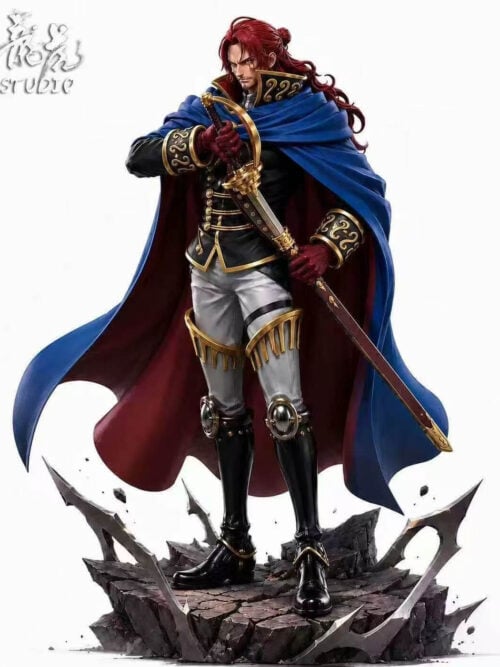 LongHu Studio Saint Figarland Shamrock statue from One Piece standing on a bladed rock base in a red-lined blue cloak and gold-trimmed black uniform, holding his saber diagonally across his torso