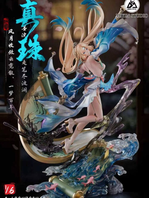 cfs003137 01 Full view of MiYin Studio's 1/6 scale Pearl statue from Honkai: Star Rail poised with a calligraphy brush above an unrolled landscape scroll and wave base with pink fish.