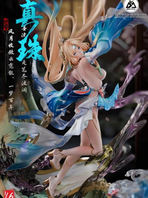 Medium three-quarter view of the Pearl 1/6 statue looking back over her left shoulder with flowing blue-and-white sleeves, articulated-style knee joints, and the landscape scroll below.
