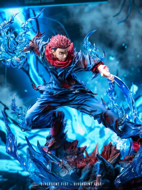 LuanWu Studio Jujutsu Kaisen Yuji Itadori 1/6 resin statue full front view lunging over a rubble base with blue energy effect parts.