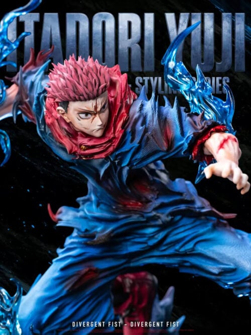Upper body view of the LuanWu Studio Yuji Itadori statue showing his battle-damaged uniform and blue energy effects on both arms.
