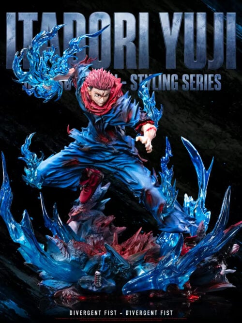 Full view of the LuanWu Studio Yuji Itadori 1/6 scale statue with blue effect parts and rubble base against a dark graphic background.