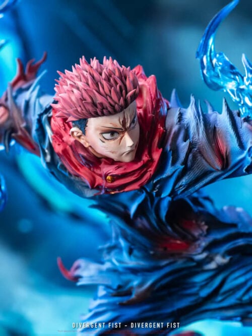 Close-up of the LuanWu Studio Yuji Itadori statue highlighting his facial expression, pink hair, red hood, and blue arm effects.