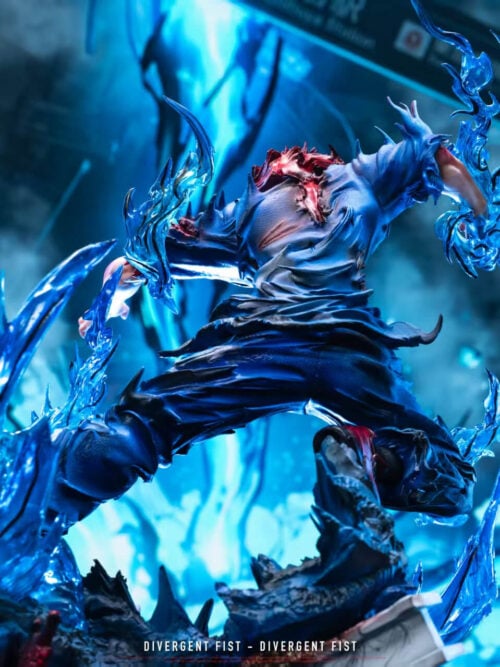 Full rear view of the LuanWu Studio Yuji Itadori statue showing the torn back of his blue uniform, rubble base, and blue effect parts.