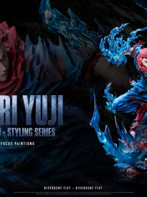 Promotional composite image of the LuanWu Studio Yuji Itadori 1/6 statue featuring a full-body view alongside a faded portrait backdrop.