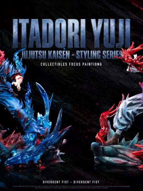 Promotional display showing the LuanWu Studio Yuji Itadori statue with blue effects on the left paired with a companion statue with red effects on the right.