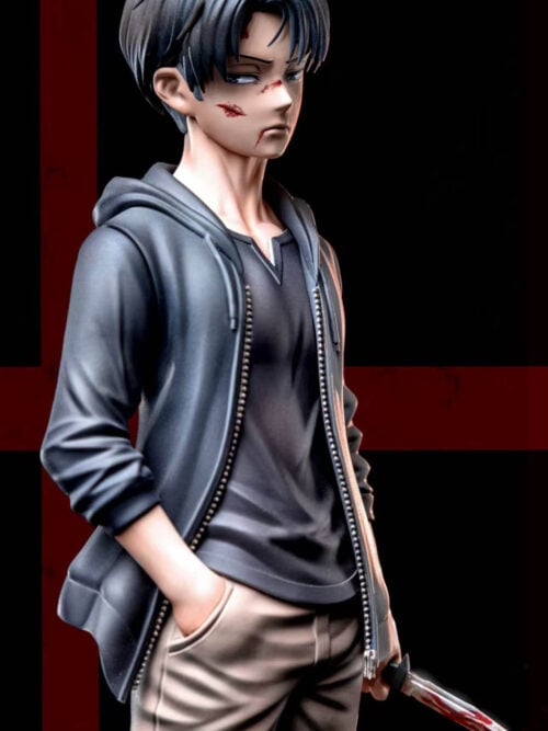 Three-quarter studio render of Mahakala Studio's childhood Levi Ackerman statue wearing the bloodstained alternate head sculpt, with his right hand in his pocket and a bloodied knife in his left hand.