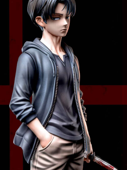Three-quarter studio render of Mahakala Studio's childhood Levi Ackerman statue with the clean standard head sculpt, dressed in an unzipped dark hoodie over a V-neck shirt and holding a bloodstained knife.