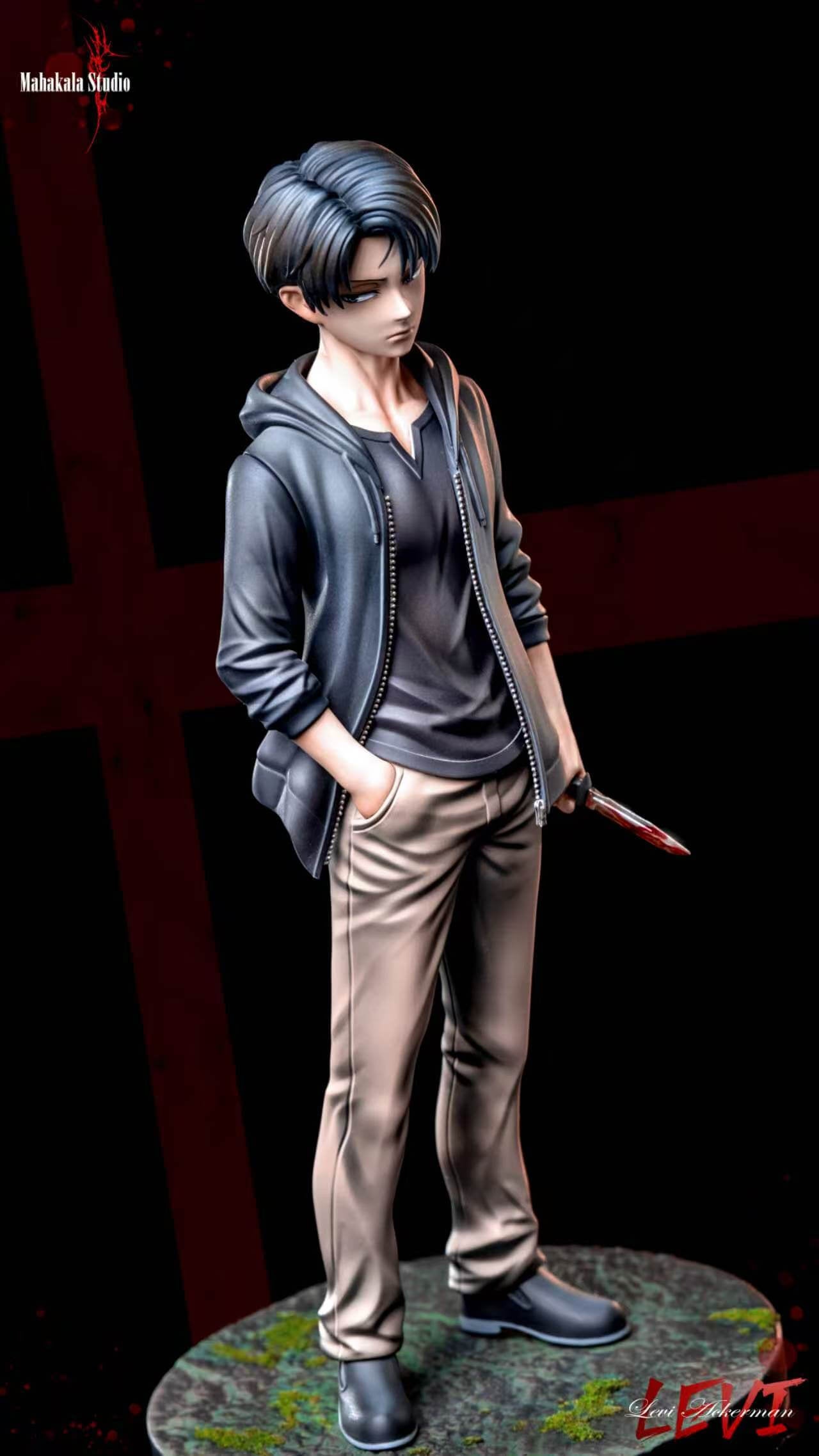 Levi Ackerman Childhood 1/6 Statue Full View with Knife Full-length studio render of Mahakala Studio's 1/6 scale childhood Levi Ackerman statue from Attack on Titan in an unzipped dark hoodie and beige trousers on a mossy round base, holding a bloodstained knife in his left hand.