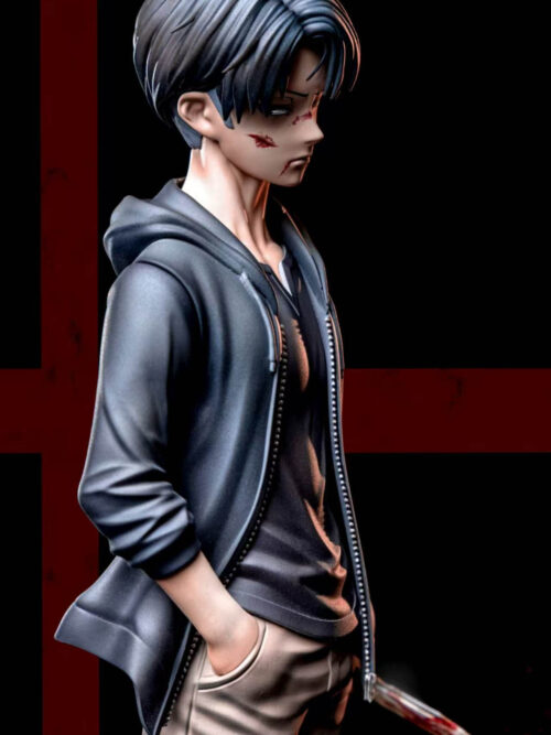 Side-angled three-quarter render of Mahakala Studio's childhood Levi Ackerman statue showing the bloodstained head sculpt, unzipped dark hoodie, right hand in pocket, and bloodied knife.