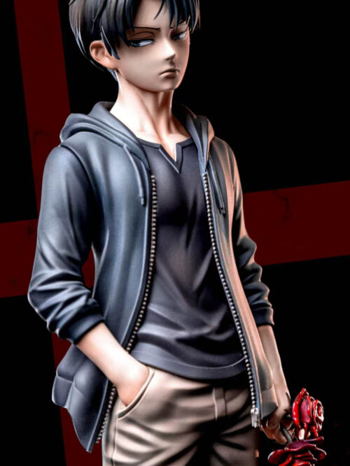 Three-quarter studio render of Mahakala Studio's childhood Levi Ackerman statue with the standard head sculpt, right hand tucked into his beige trouser pocket and left hand holding two red roses.