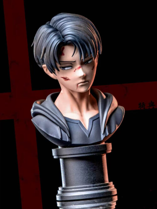 Close-up render of the bloodstained childhood Levi Ackerman head sculpt and upper hoodie collar mounted on the black cylindrical pedestal display stand.