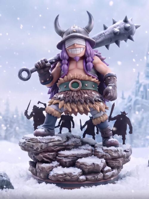 Front view of the Peak Studio Childhood Loki figure in a horned helmet and eye bandage holding a spiked club on a snowy rock base with warrior silhouettes against a winter forest backdrop.