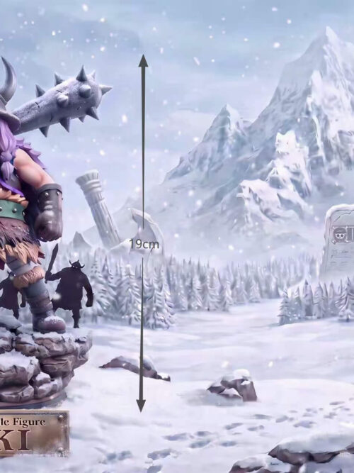 Dimensions graphic for the Peak Studio Childhood Loki figure showing a 19 cm total height marker alongside a snowy mountain background.