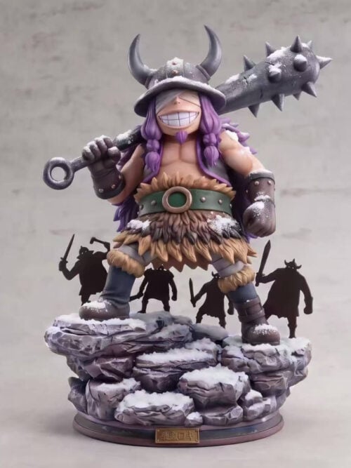 Front studio view of the Peak Studio Childhood Loki figure standing on a snow-dusted rock base with dark warrior silhouettes and a front nameplate against a grey backdrop.