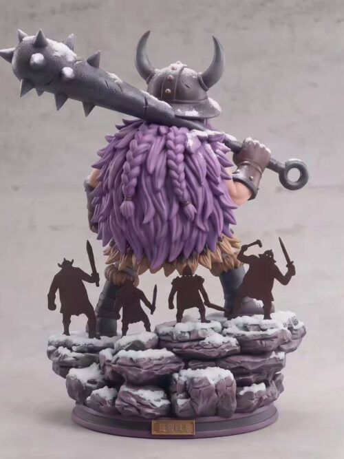 Rear view of the Peak Studio Childhood Loki figure showing long purple hair with two braids, a spiked club, dark warrior silhouettes, and the rock base.