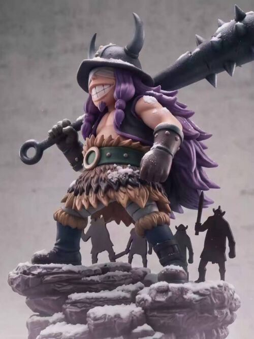 Three-quarter angled view of the Peak Studio Childhood Loki figure grinning with a spiked club over his shoulder on a snow-covered rock base.