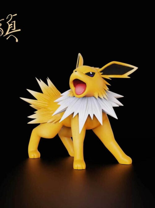 Yellow Jolteon figure with an open mouth, pointed white neck ruff and braced legs against a black background.