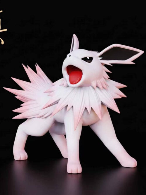 Pale pink and white Jolteon figure with an open mouth, spiky neck ruff and spread stance against a black background.