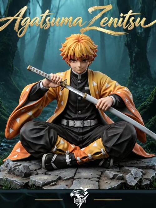 Front view of Zenitsu Agatsuma seated cross-legged on a cracked stone base, holding a partially drawn sword against a forest backdrop.
