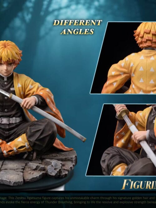 Zenitsu Agatsuma statue shown from the front with rear and side detail insets highlighting his layered hair, triangle-patterned haori and sword.