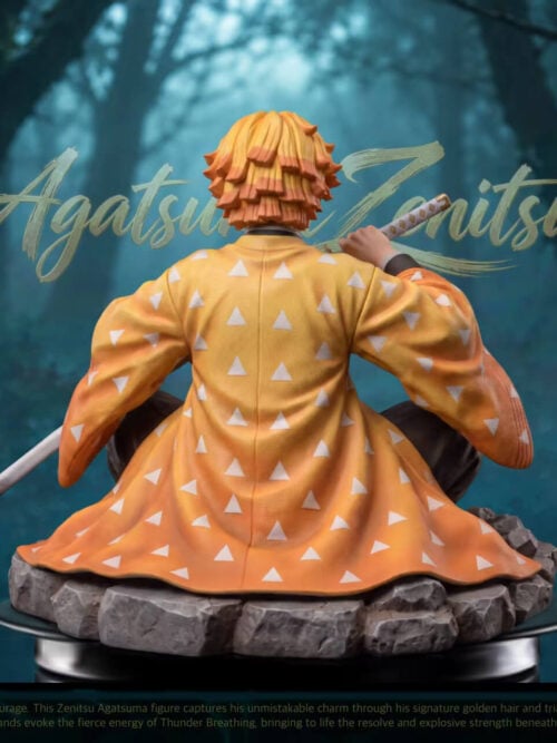 Rear view of seated Zenitsu Agatsuma showing layered yellow-and-orange hair and a white-triangle-patterned haori spread over the stone base.