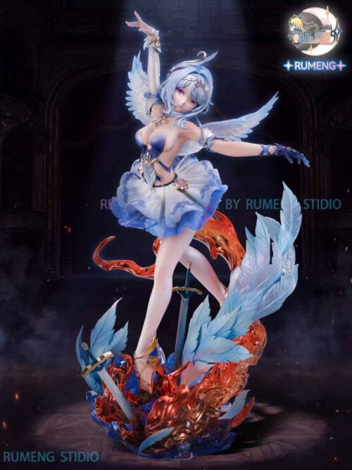 Odette Spessiva statue in a raised-arm ballet pose with white wings above swords, oversized blue feathers and orange-red effects.
